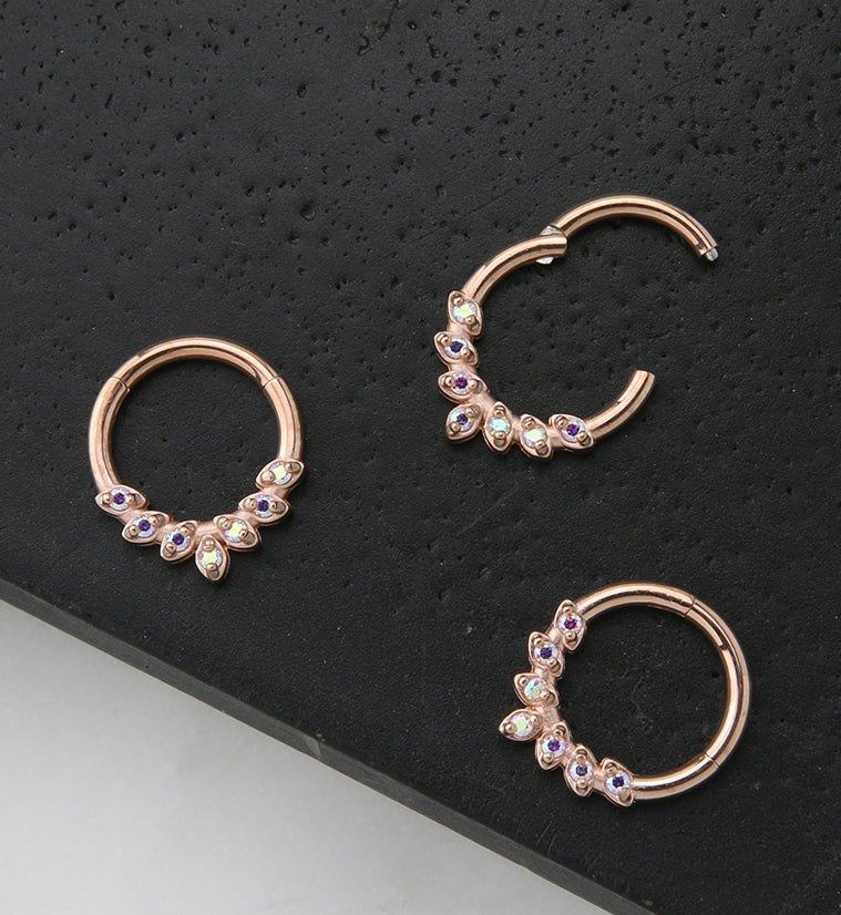 Rose Gold PVD Frill Rainbow Aurora CZ Hinged Segment Ring