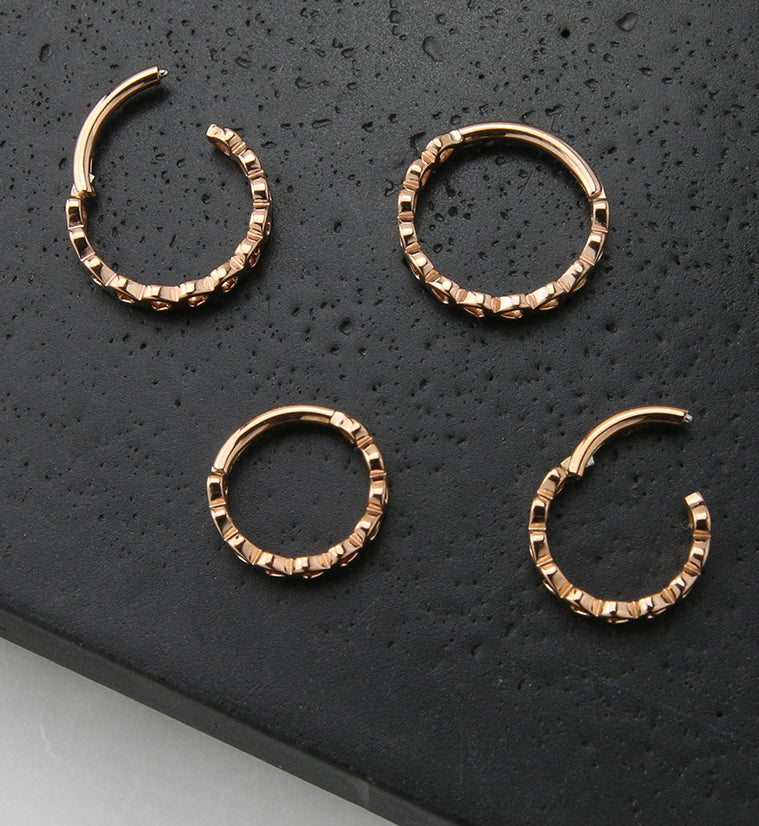 Rose Gold PVD Heart Row Stainless Steel Hinged Segment Ring