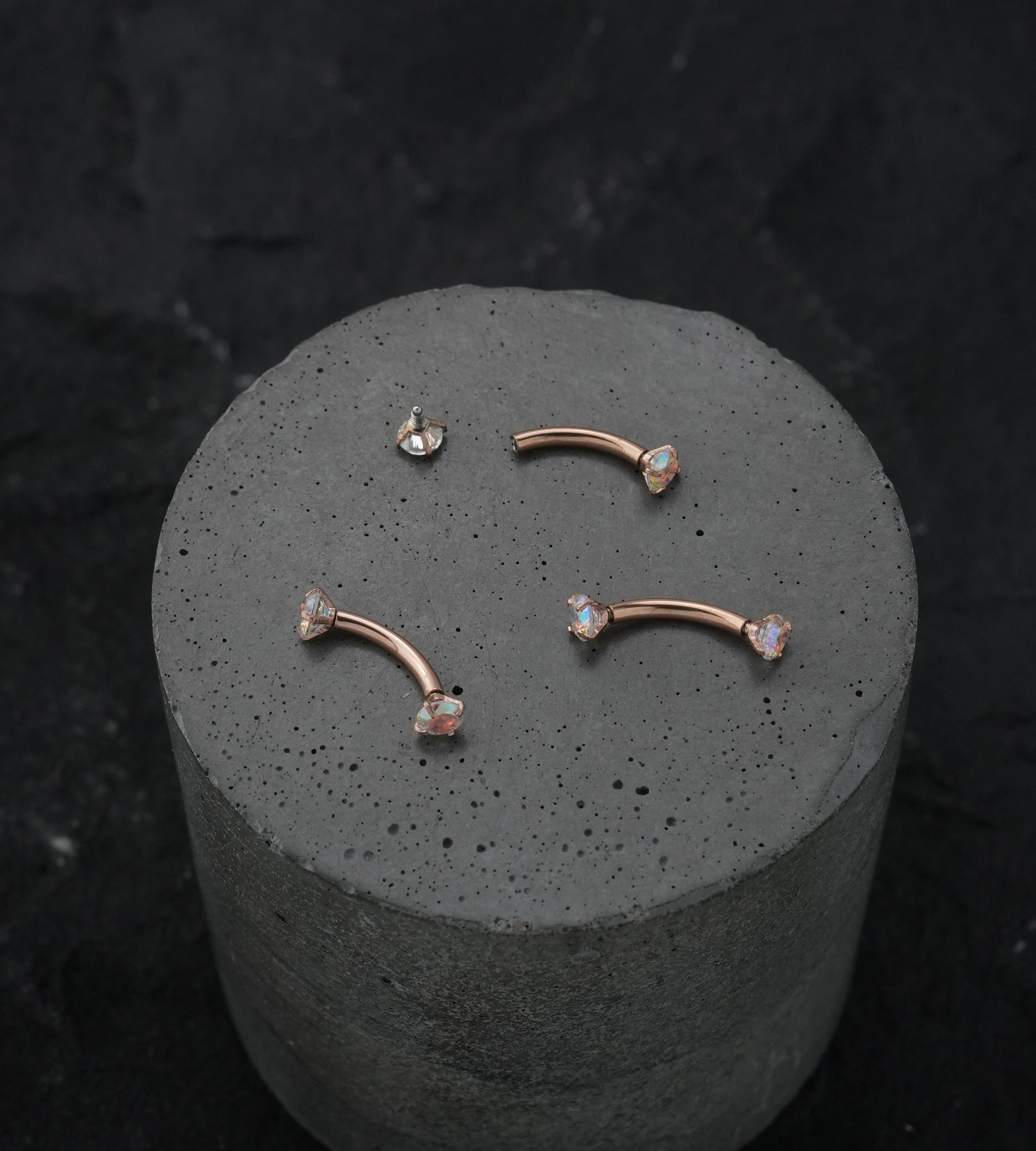 Rose Gold PVD Rainbow Aurora CZ Prong Set Stainless Steel Curved Barbell