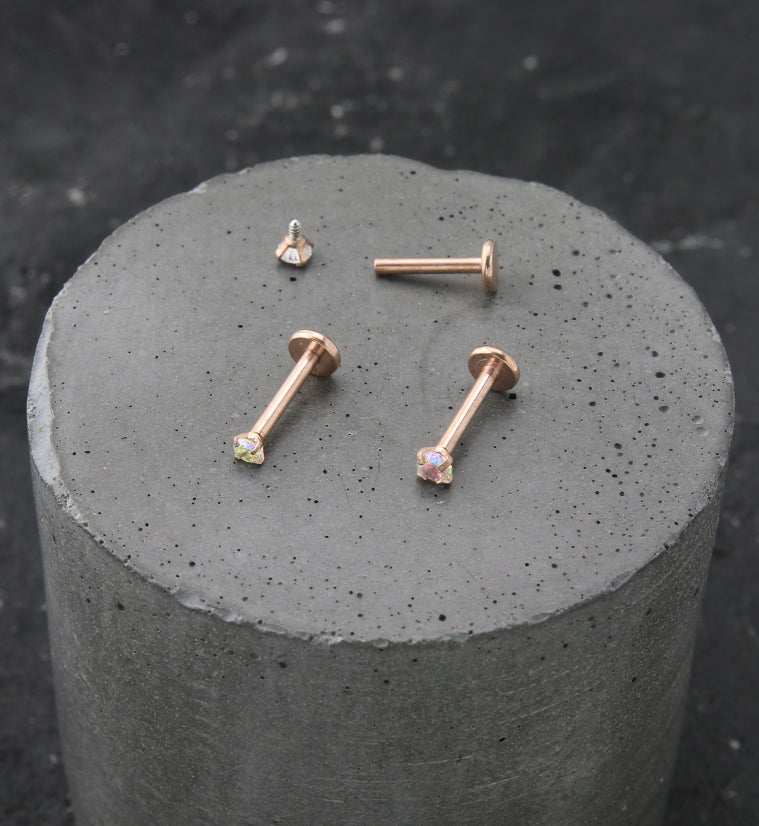 Rose Gold PVD Rainbow Aurora Prong CZ Stainless Steel Internally Threaded Labret