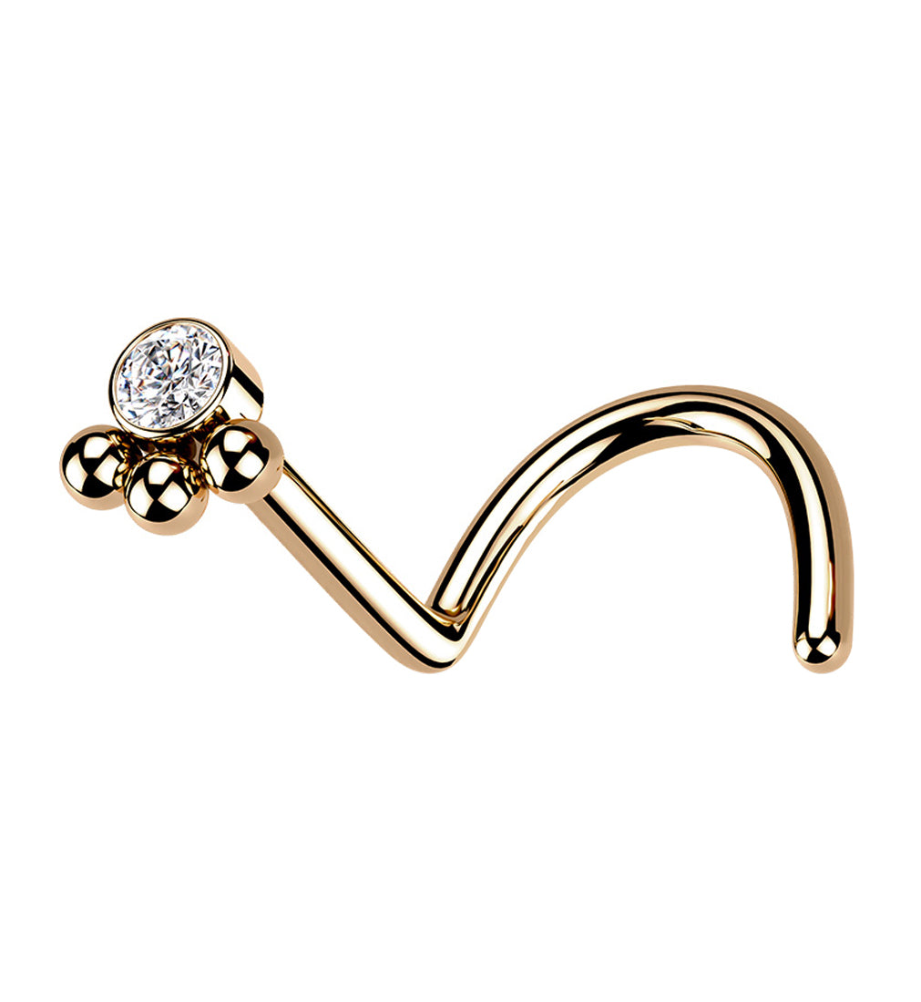 Rose Gold PVD Triple Beaded Clear CZ Nose Screw Ring