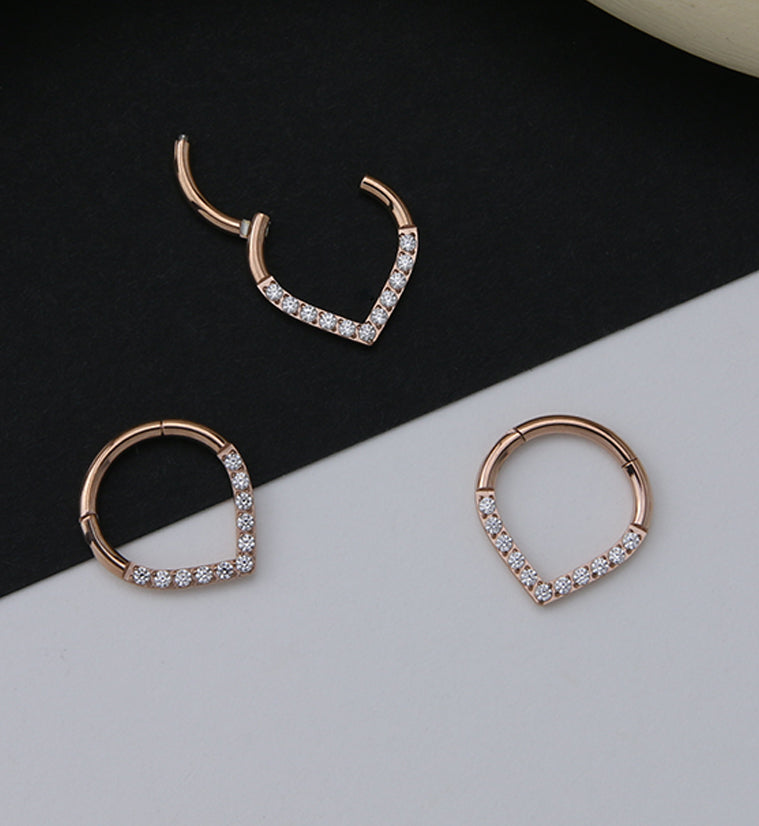 Rose Gold PVD V-Shaped CZ Titanium Hinged Segment Ring