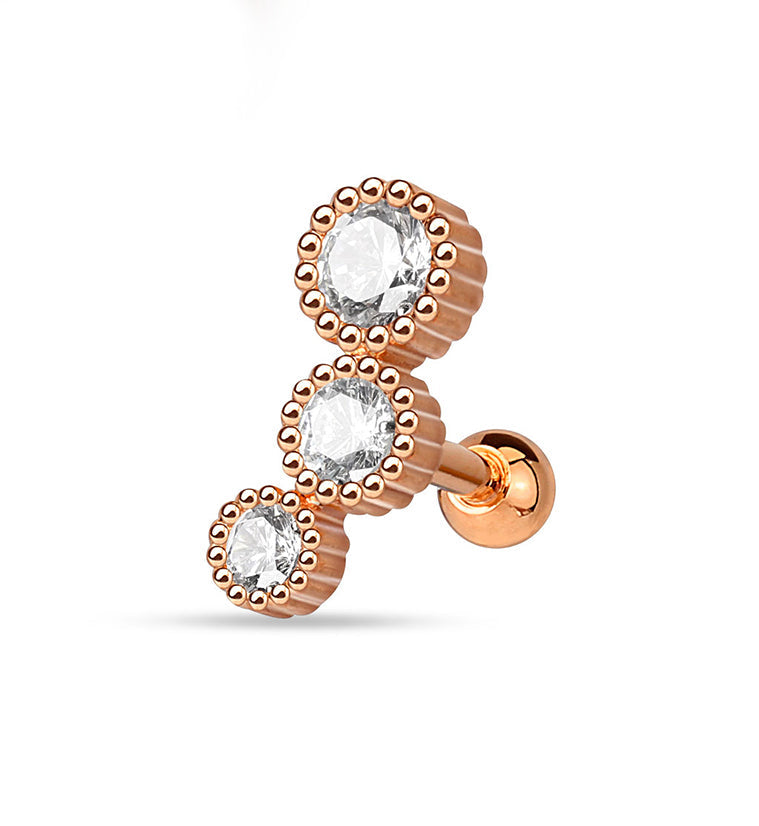 Rose Gold Triple Annular CZ Steel Tragus / Cartilage Barbell