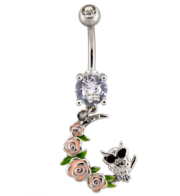 Rose Half Moon with Owl Dangle Belly Button Ring