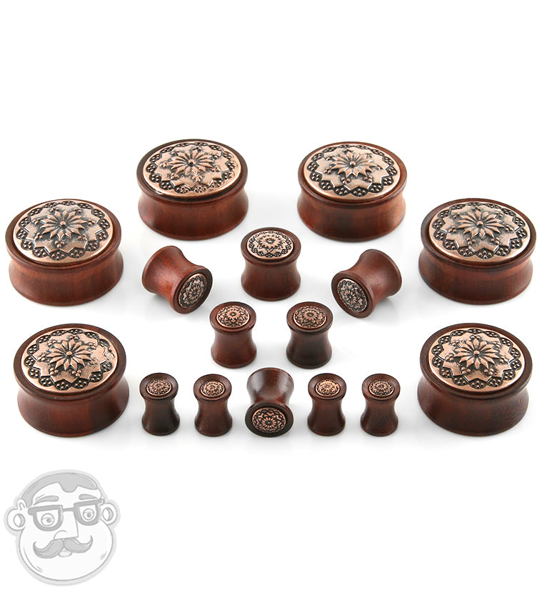 Rose Wood Plugs With Tribal Floral Inlay
