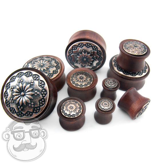 Rose Wood Plugs With Tribal Floral Inlay