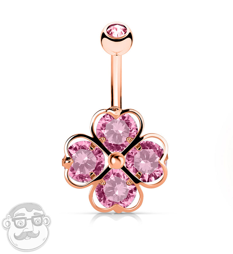 Rose Gold Pink CZ Shamrock Belly Button Ring