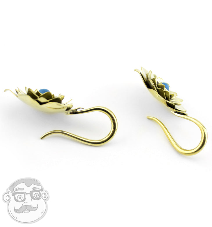 Brass Rosebud With Teal Stone Inlay Earrings