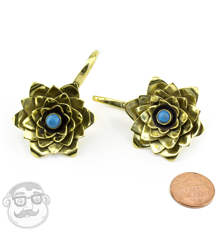 Brass Rosebud With Teal Stone Inlay Earrings