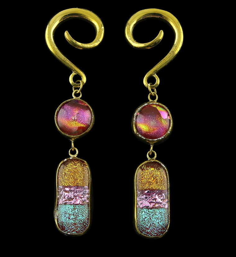Sunset Double Oblong Dichroic Glass Brass Ear Weights