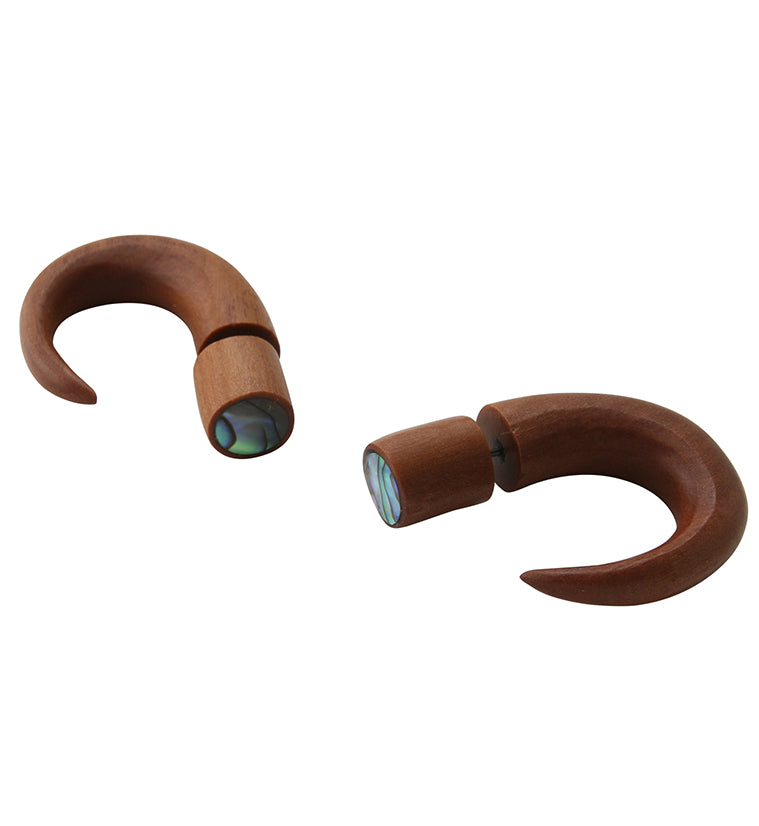 Saba Wood Fake Gauge Abalone Inlay Circular Tapers Tribal Earrings