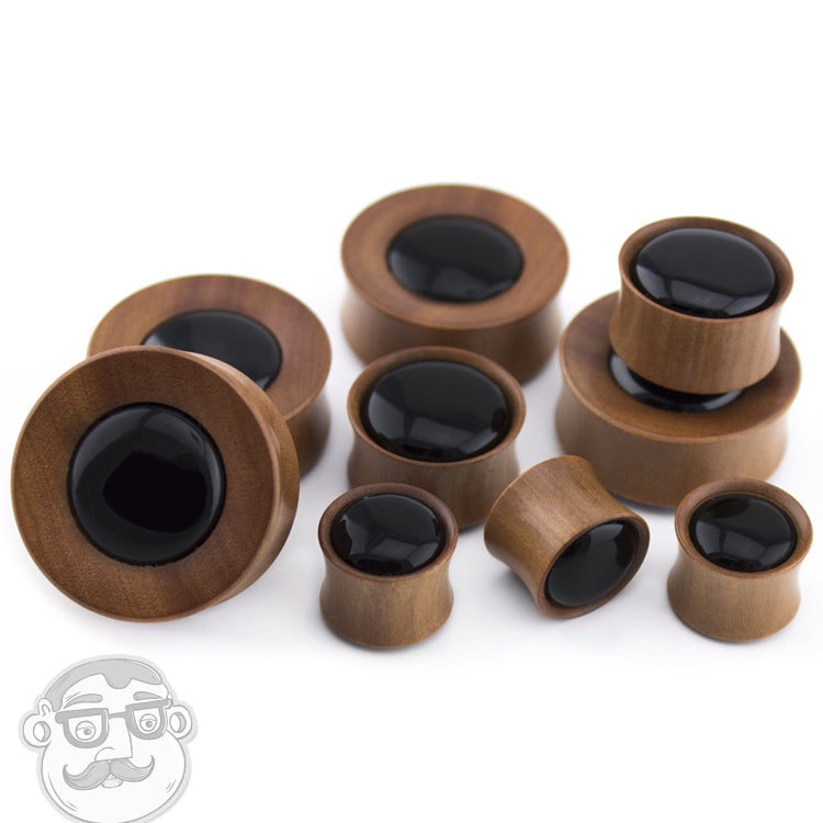 Saba Wood Plugs With Black Obsidian Stone Inlay