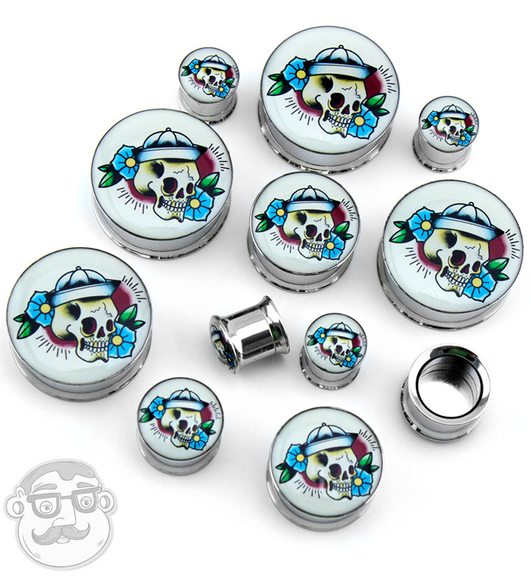 Sailor Skull Tattoo Steel Plugs