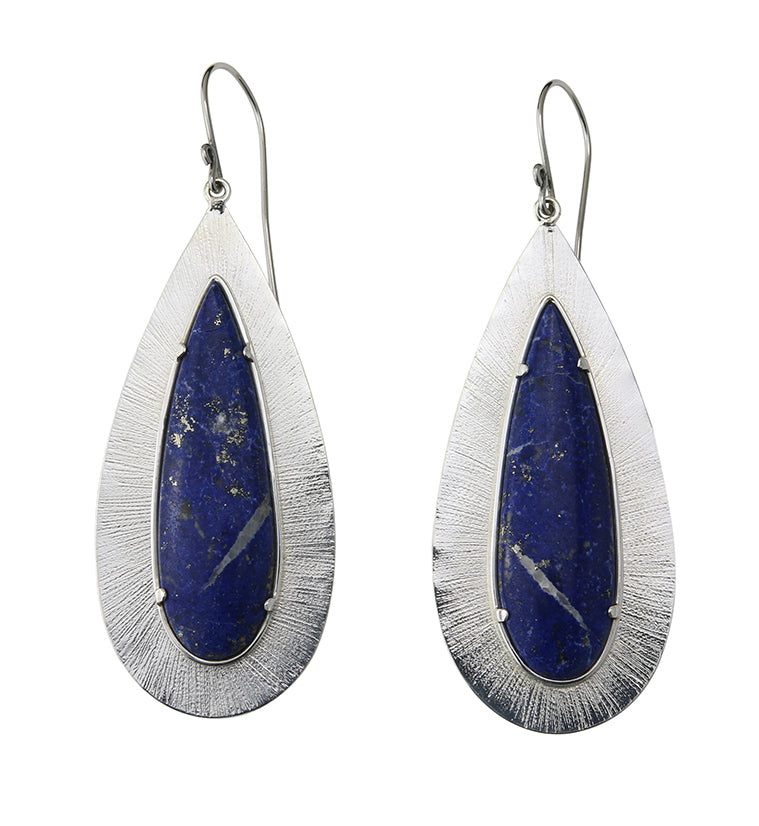 Score Blue Lapis Lazuli Stone White Brass Hangers / Earrings