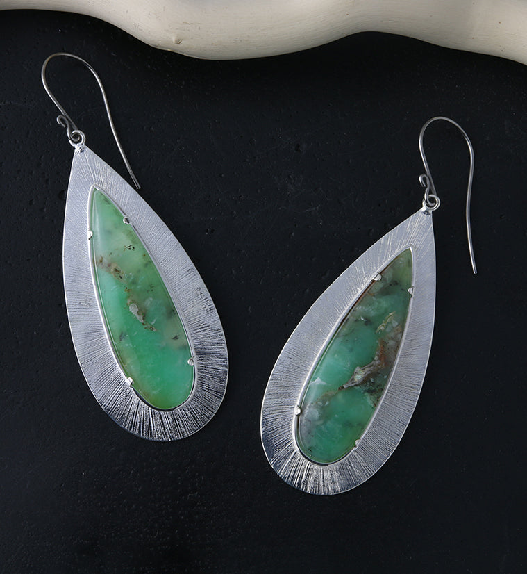 Score Chrysoprase Stone White Brass Hangers / Earrings