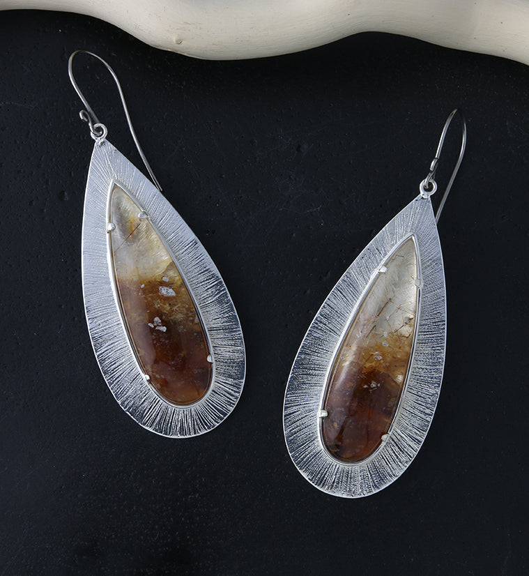 Score Rutilated Quartz Stone White Brass Hangers / Earrings