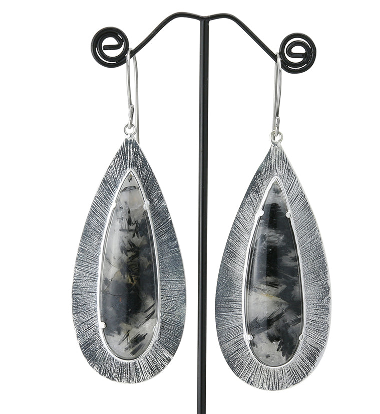 Score Tourmalated Quartz Stone White Brass Hangers / Earrings