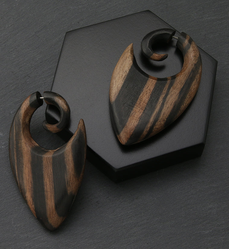Shield Areng Wood Fake Gauge Spiral Earrings