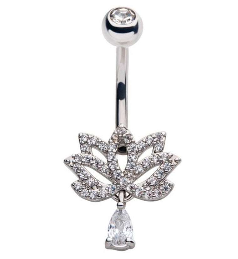 Shimmering Lotus Flower Dangle CZ Belly Ring