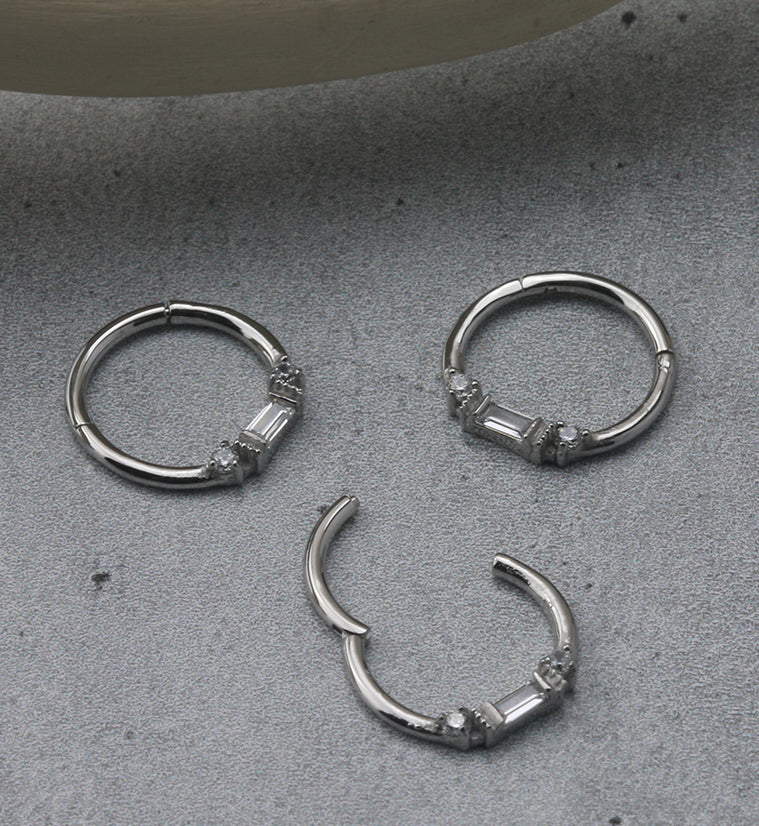 Round & Baguette CZ Beaded Hinged Segment Ring