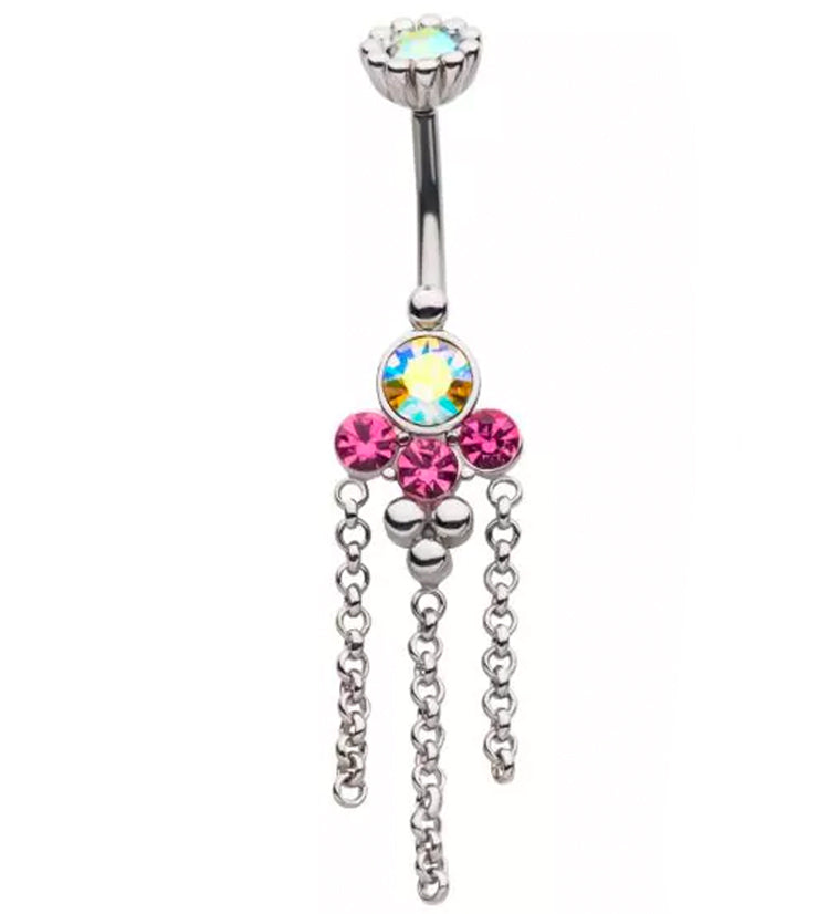Pink and Rainbow Aurora CZ Array Dangle Chain Belly Button Ring
