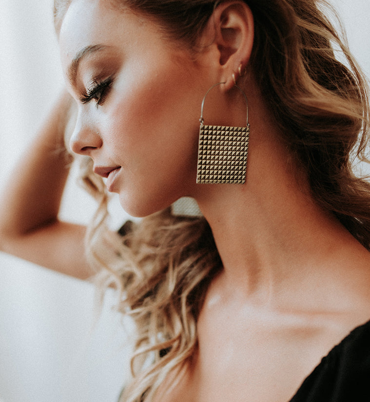 Silver Chequer Titanium Hangers - Earrings