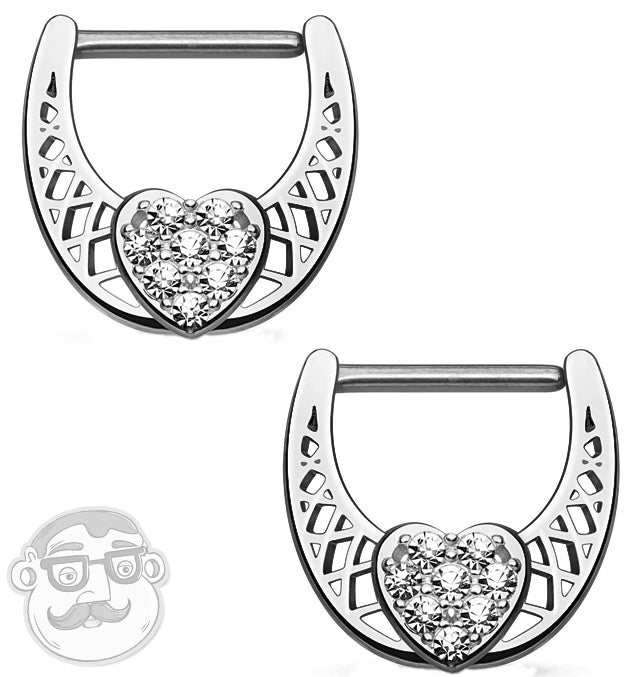 14G Silver CZ Heart Nipple Clicker Ring