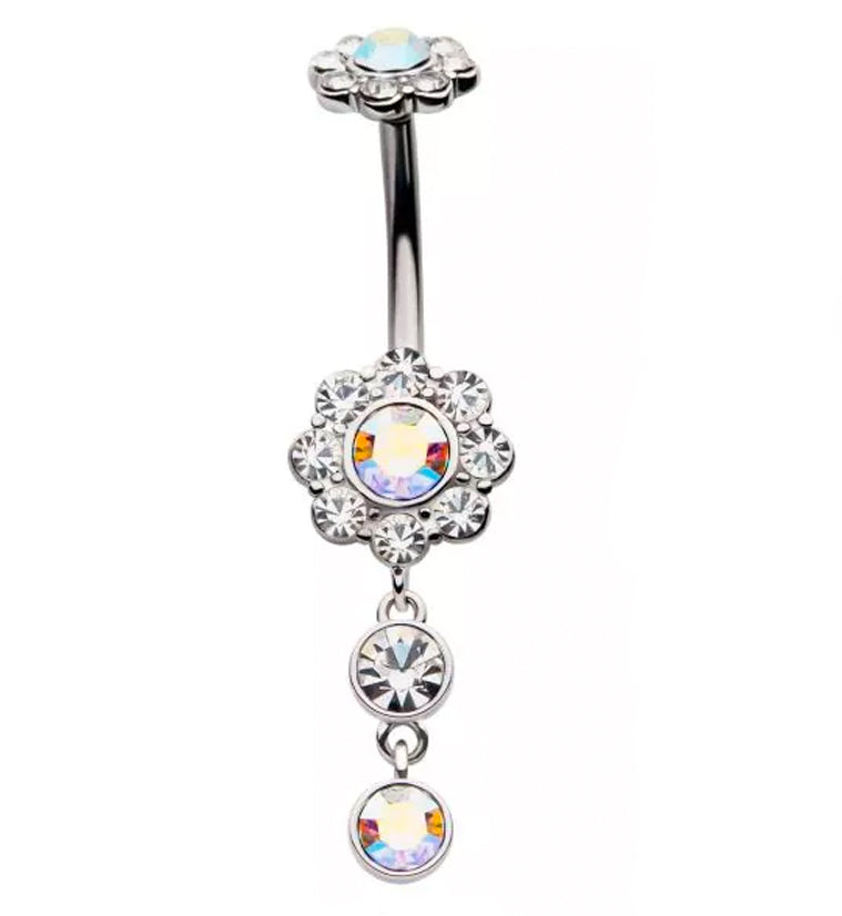 Rainbow Aurora CZ Dangle Flower Belly Button Ring