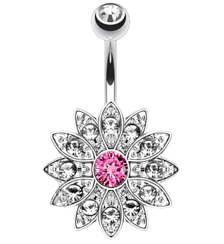 14G Flower with Pink CZ Gem Belly Button Ring
