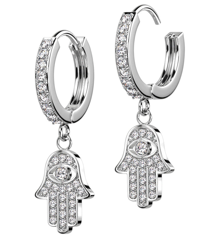 Hamsa Hand CZ Stainless Steel Hoop Earrings