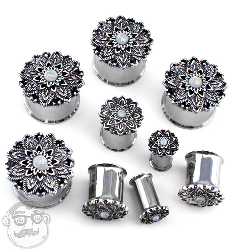 Silver Mandala Flower With Opalite Inlay Steel Plugs