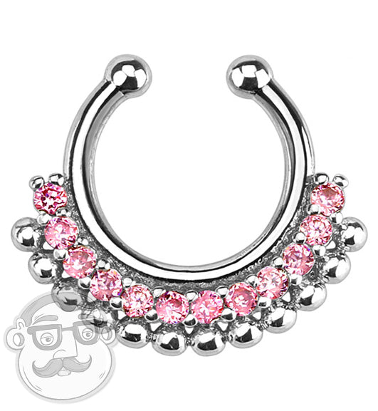 Tribal Fan Fake Septum Ring Hanger With Pink Gem Stone
