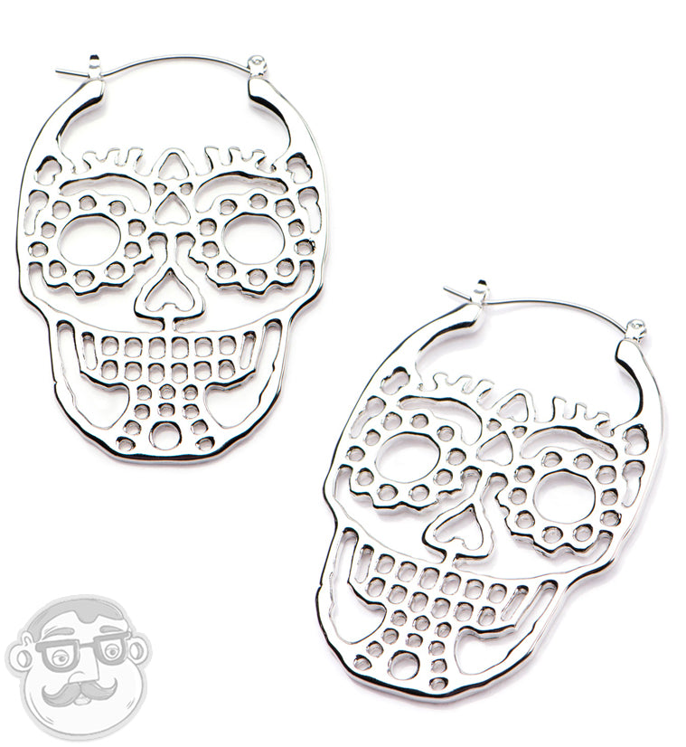 Silver Sugar Skull Plug Hoops