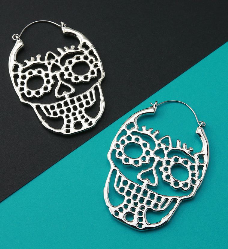 Silver Sugar Skull Plug Hoops