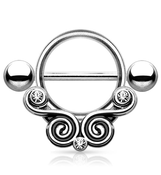 14G Silver Brass Twirl Filigree Barbell Nipple Ring Shield