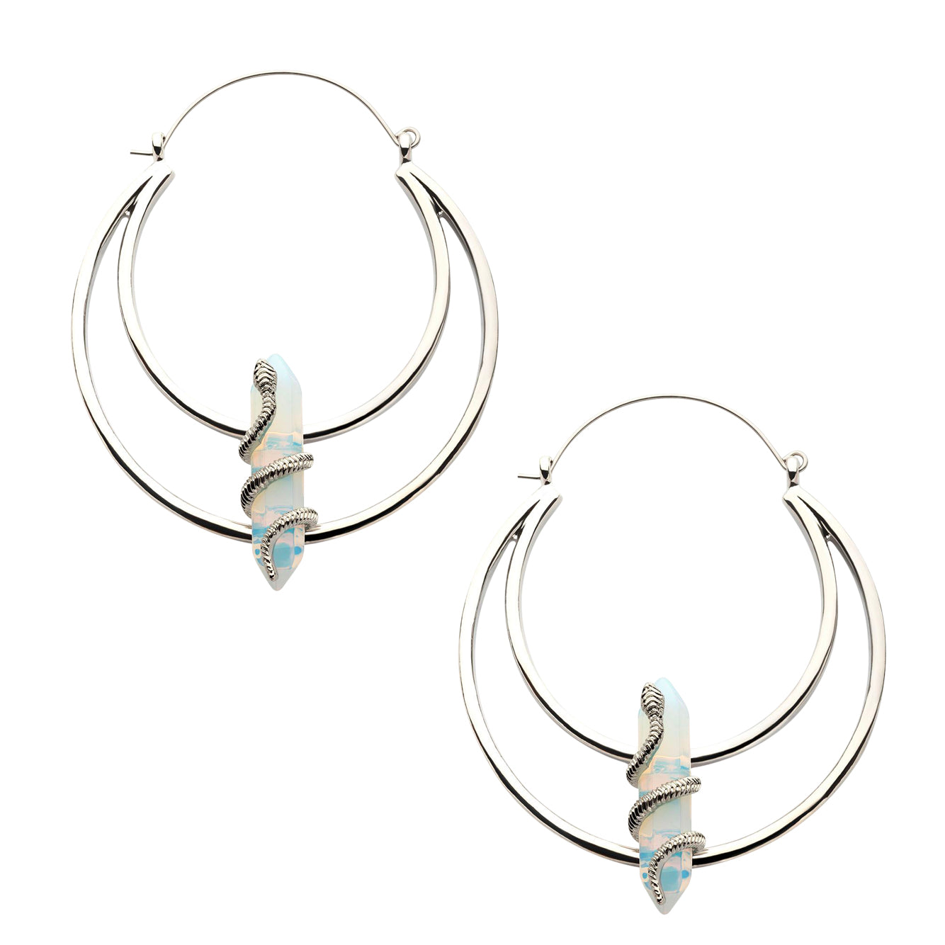 Snake Wrapped White Opalite Stainless Steel Plug Hoops
