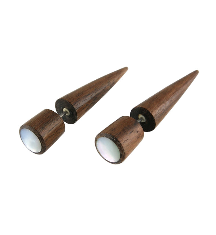 Areng Wood Fake Gauge MOP Shell Tapers Tribal Earrings