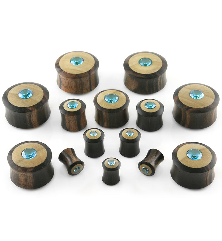 Sono / Crocodile Wood Plugs With Aqua CZ Gem Inlay