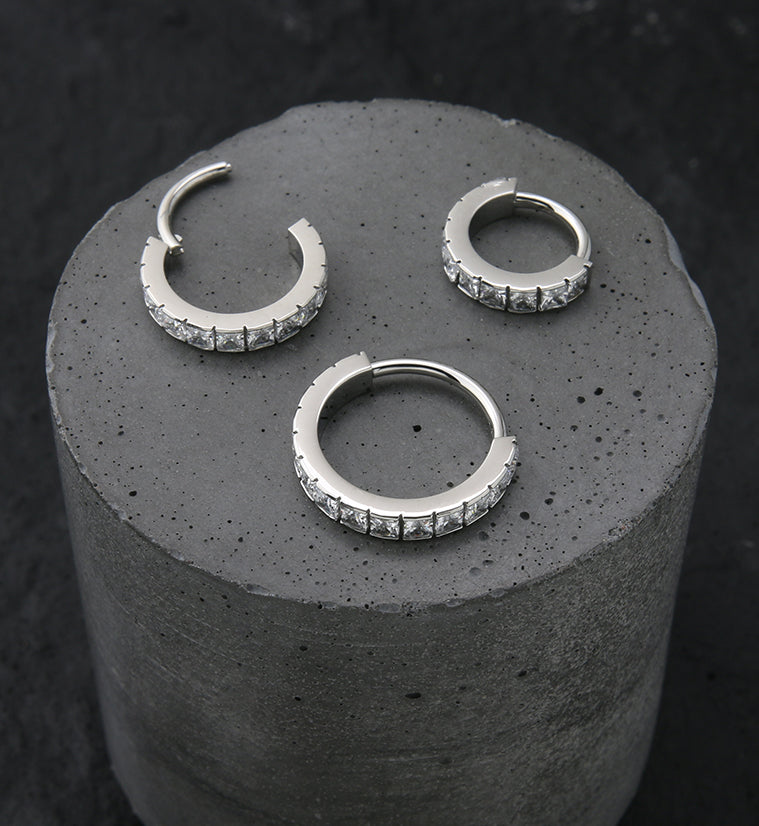 Square CZ Row Stainless Steel Hinged Segment Ring