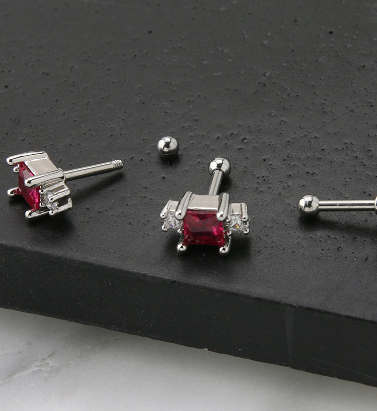 Square Dark Pink CZ Cartilage Barbell