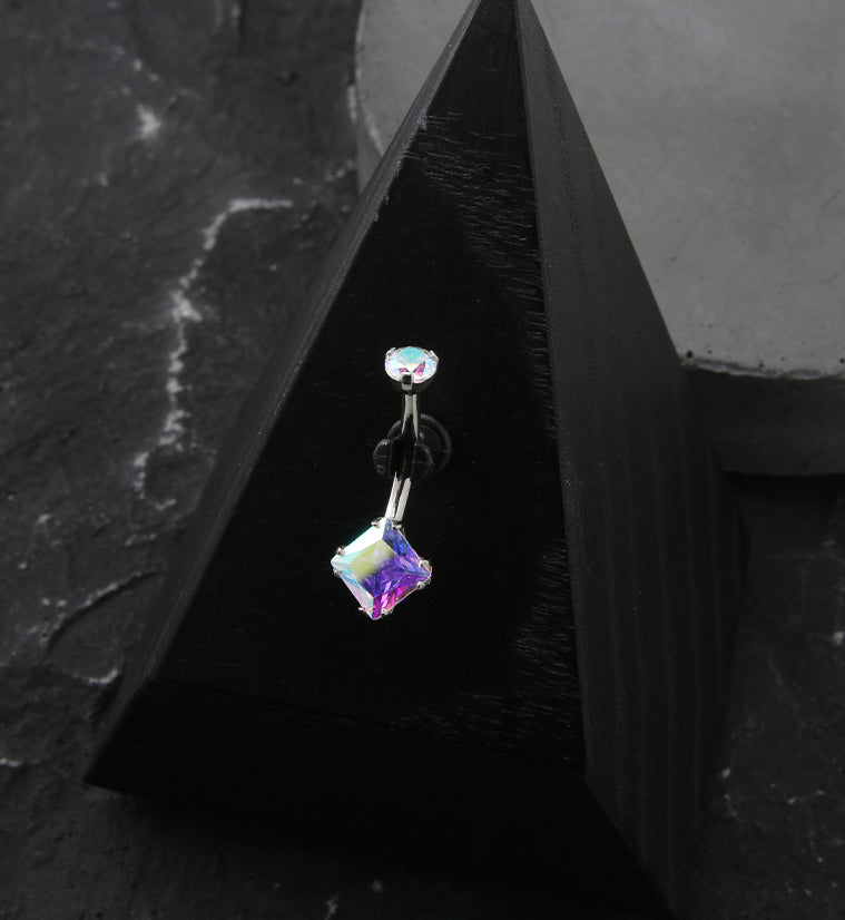 Square Rainbow Aurora CZ Internally Threaded Titanium Belly Button Ring