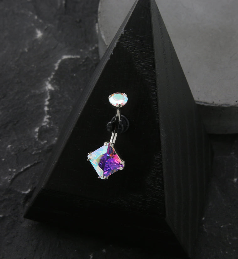 Square Rainbow Aurora CZ Internally Threaded Titanium Belly Button Ring