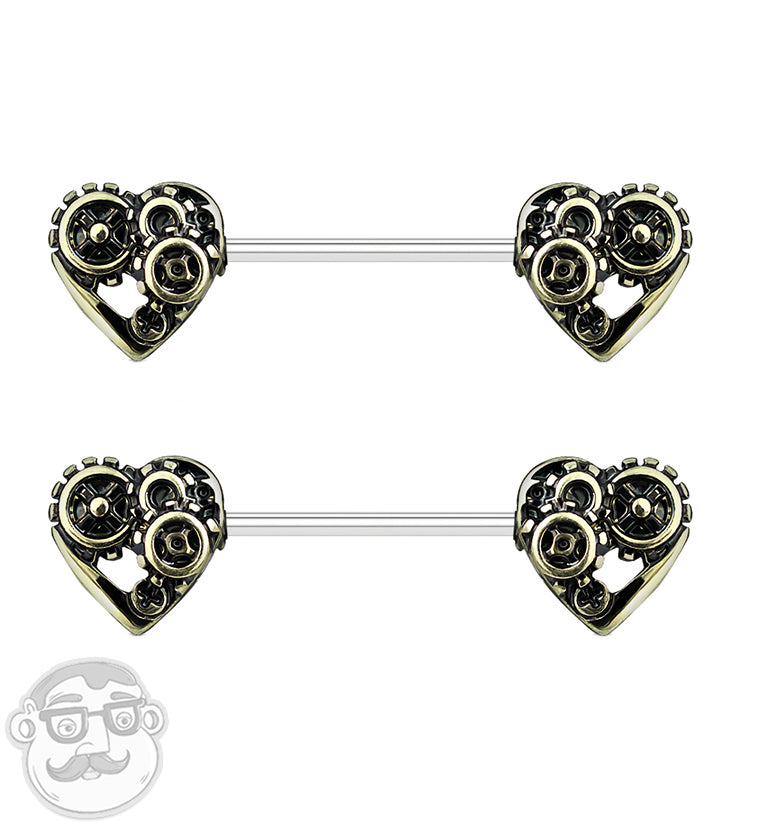14G Golden Steampunk Heart Nipple Ring Barbell