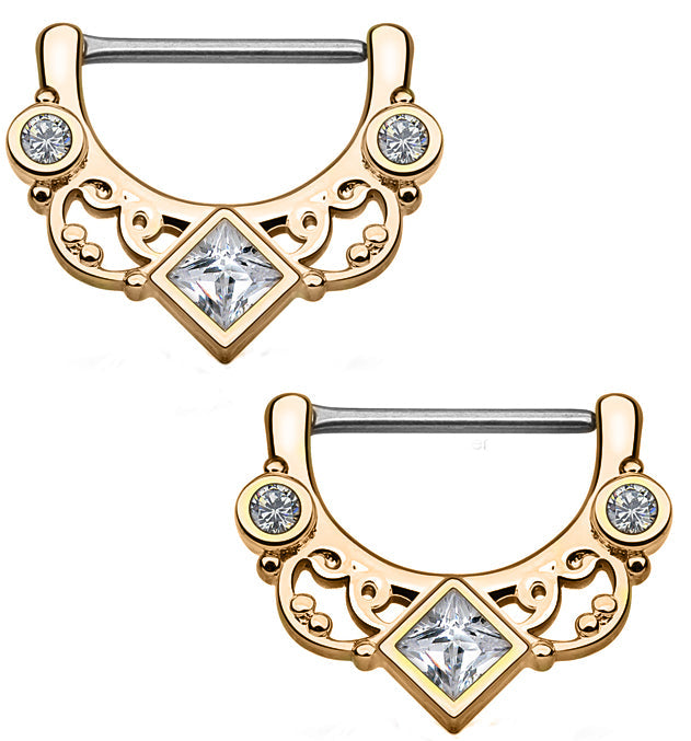 14G Rose Gold Swirly Lace CZ Gem Brass Nipple Clicker Ring