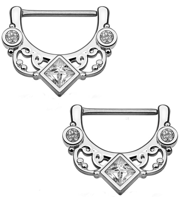 14G Silver Swirly Lace CZ Gem Brass Nipple Clicker Ring