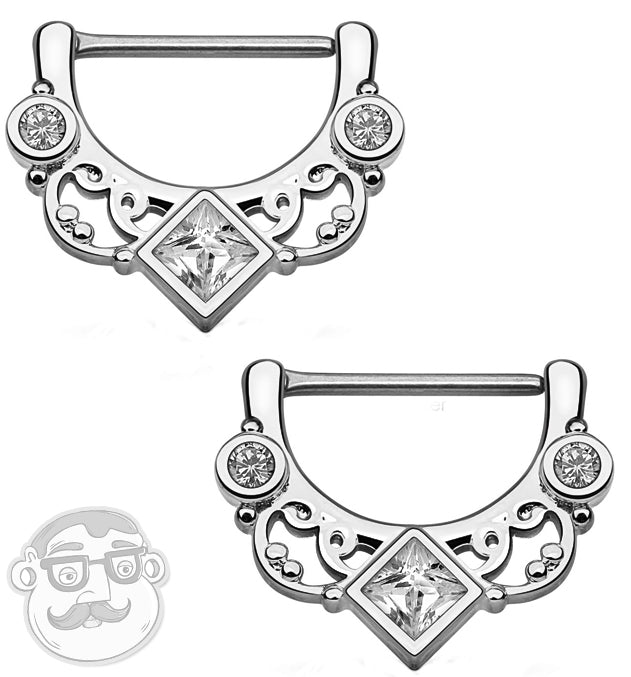 14G Silver Swirly Lace CZ Gem Brass Nipple Clicker Ring