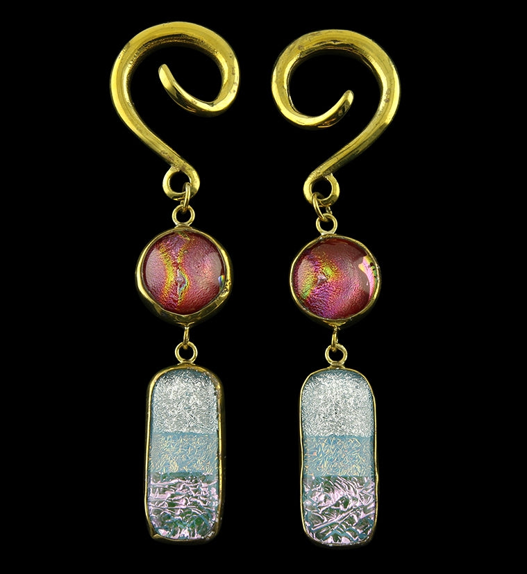 Frozen Plum Double Oblong Dichroic Glass Brass Ear Weights
