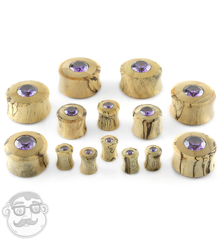 Tamarind / Crocodile Wood Plugs With Purple CZ Gem Inlay