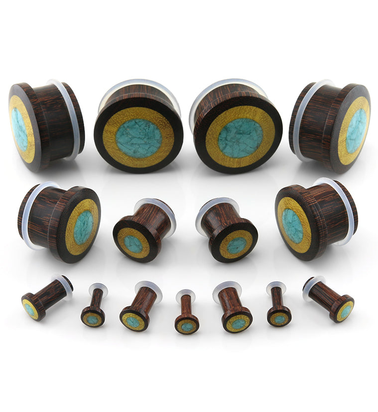 Single Flare Dark Tamarind Wood Plugs with Jackfruit & Turquoise Inlay