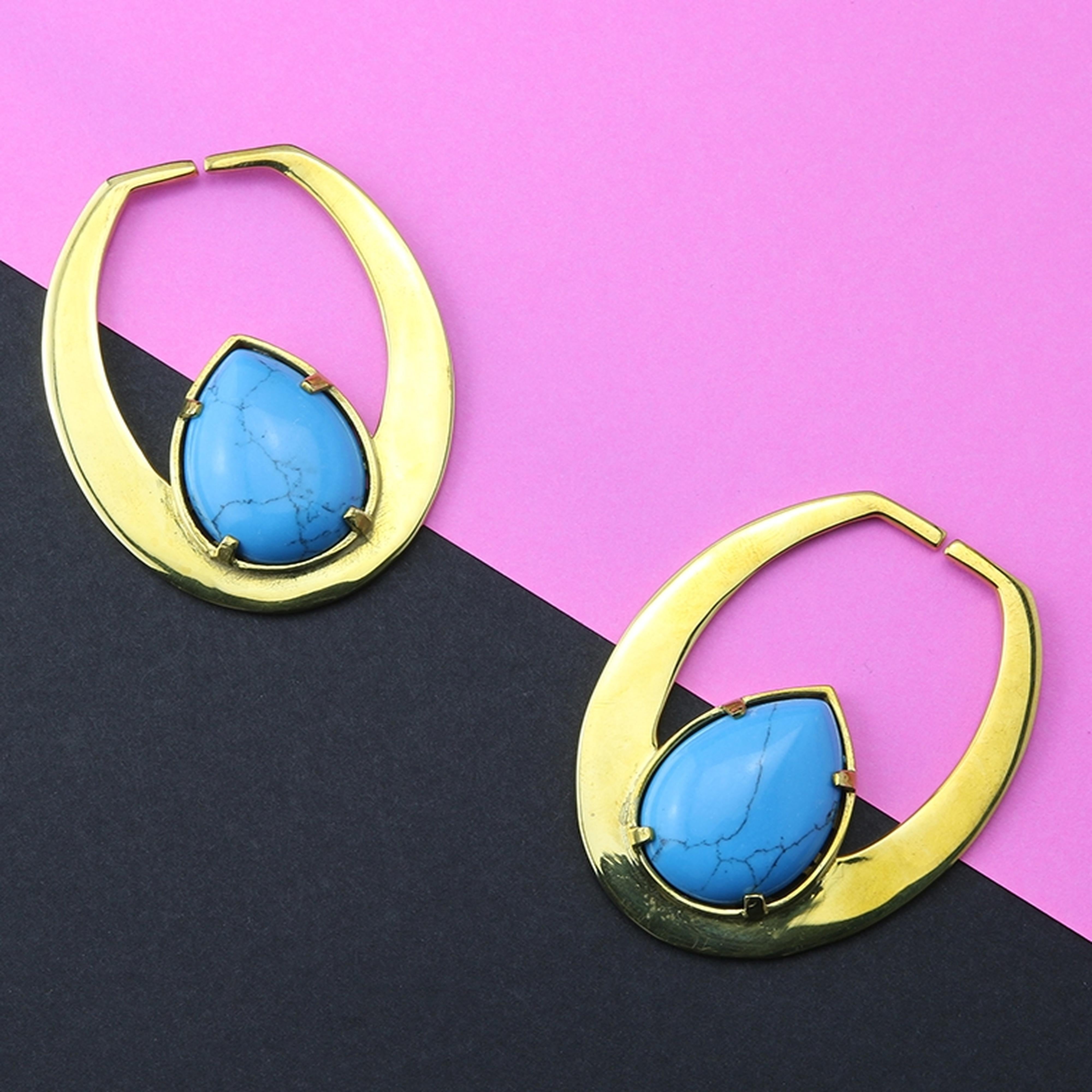 Teardrop Turquoise Howlite & Brass Plug Hoops